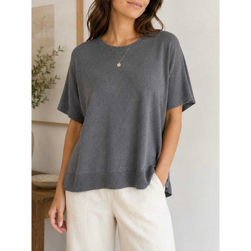 Eileen Fisher Gray Tencel Silk Blend Short Sleeve Knit Top M S18SYV Lagenlook